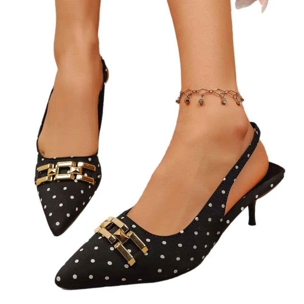 Black White Polka Dot Heels Pumps Women 2026 Summer Pointed Toe
