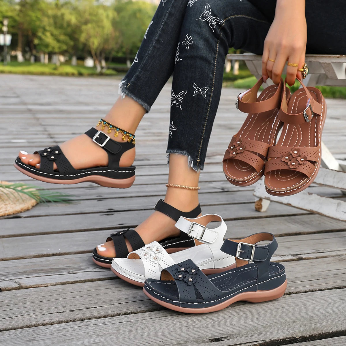 Women Sandals Plus Size Ankle Buckle Wedge Shoes Woman Retro Flower Platform Sandals Women Comfort Non Slip Orthopedic Shoes Zpaxo