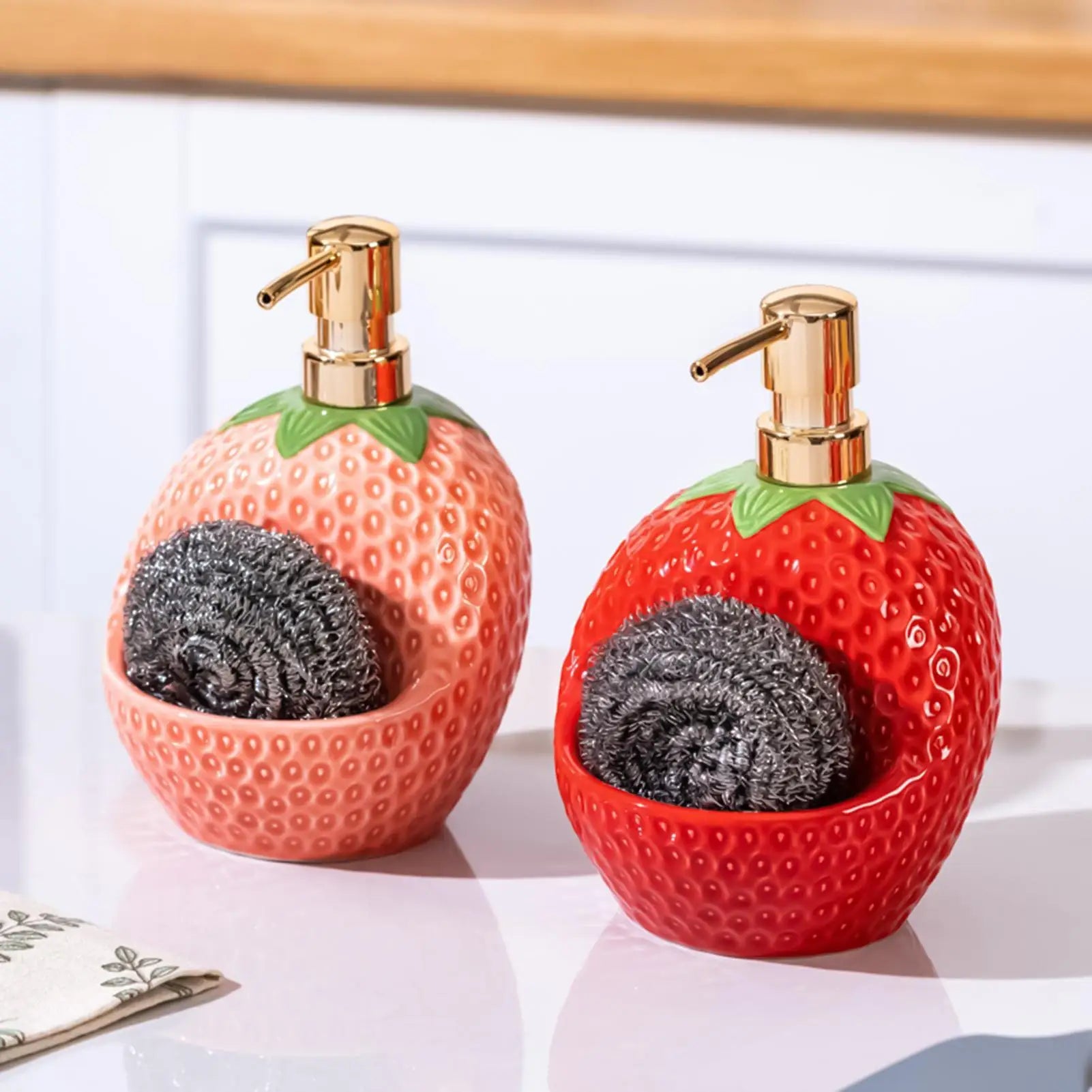 Soap Dispenser 20 Oz Strawberry Shape Ceramic Refillable Liquid Lotion Bottle Bathroom Hand Soap Dispenser with Sponge Holder Zpaxo