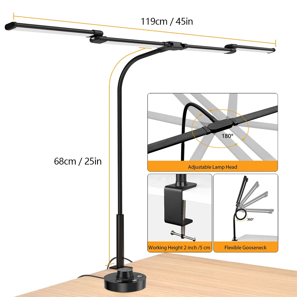 LED Ultra Bright Eye-caring Desk Lamp 24W Stepless Dimming Flexible Zpaxo 4-Head Black US Plug 24W