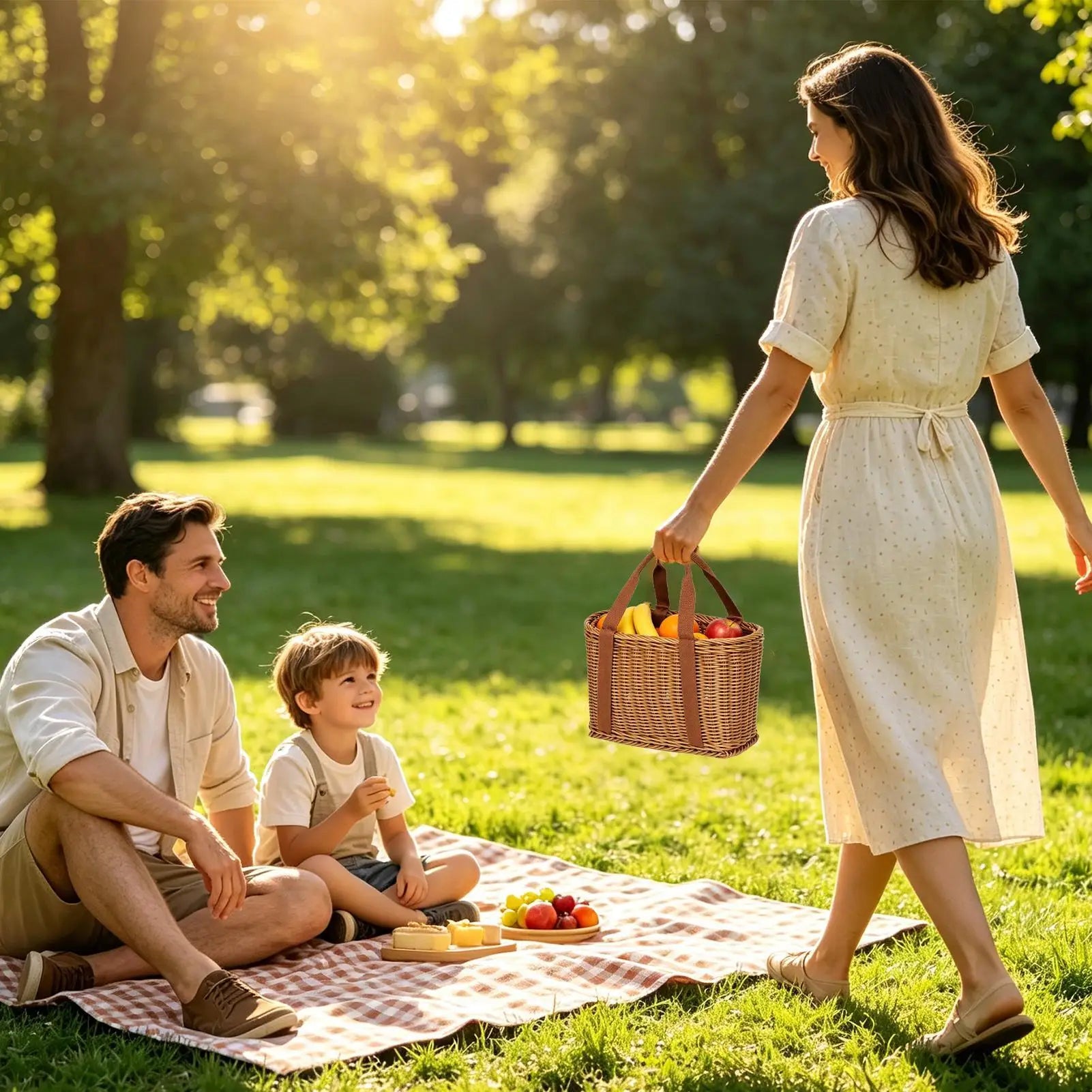 Picnic Basket Handwoven Simulated Wicker Reusable Decor Handles