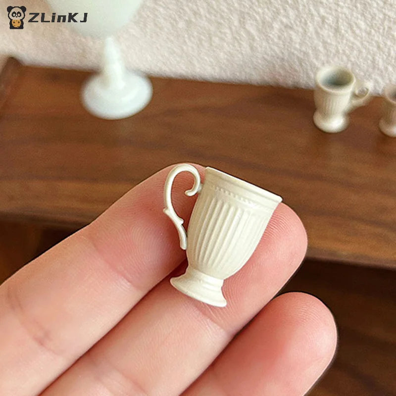 ▶1Pcs Dollhouse French Retro Mini High Foot Relief Mark Coffee Cup With Handle Miniature Scene Decoration High End Stemmed Mugs Zpaxo