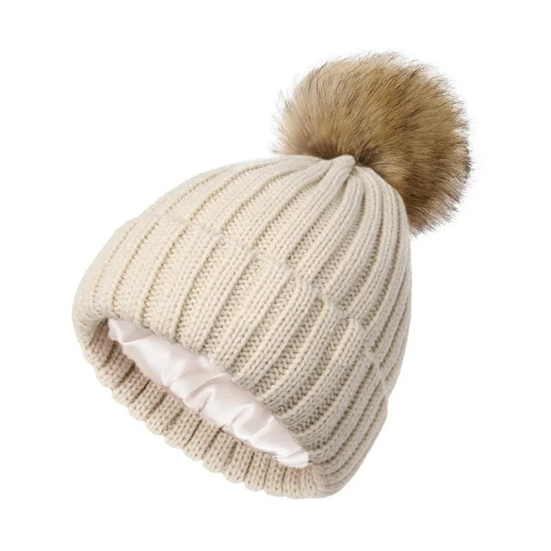 Satin-Lined Knit Beanie | Soft Pom-Pom Winter Hat Unisex