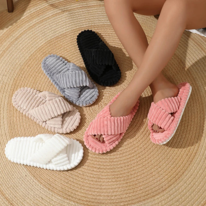 Fashion Corduroy Cross Band Home Slippers Women Spring Autumn Warm