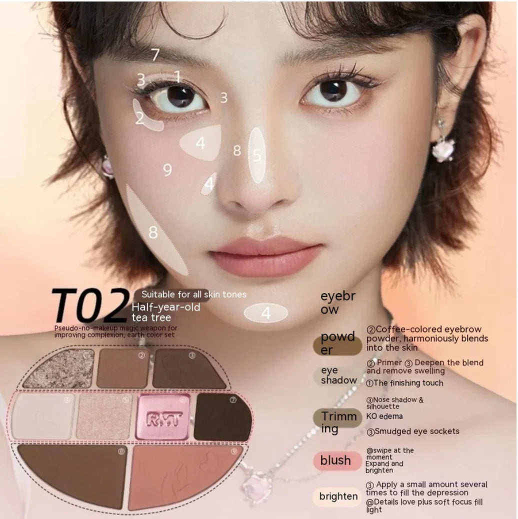 RMT ROMANTIC BEAUTY #Facial Comprehensive Dish Nine Color Eyeshadow Highlight Contour All-Round Blush Makeup Cosmetics Zpaxo