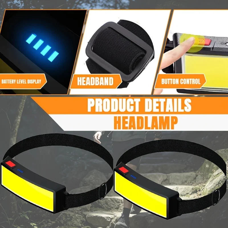 COB LED Night Fishing Headlamp USB C Fast Charging Waterproof Rechargeable Head Light Outdoor Camping Hunting Fishing Head Torch Zpaxo