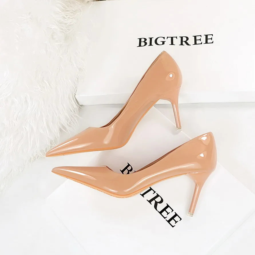 Autumn Patent Leather Concise Women's Shoes Pointed Toe Office Heels Zpaxo