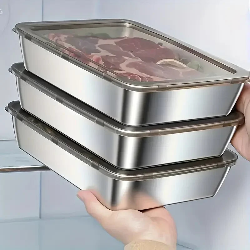 Plate Stainless Steel Food Container with Cover Thick Tray Fresh-keep Food Fruit Lid Sealed Storage Box Kitchen Fridge Organizer Zpaxo 3pcs