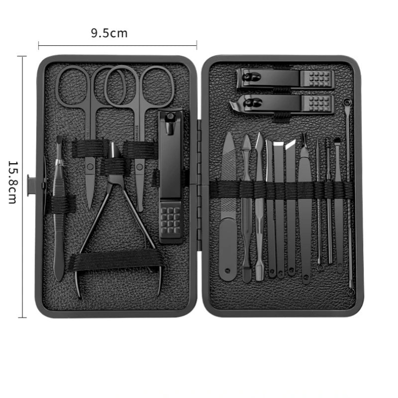 18 pcs Black stainless steel nail clipper set, nail clipper, leather clipper, foot trimmer, acne needle, beauty tool Zpaxo