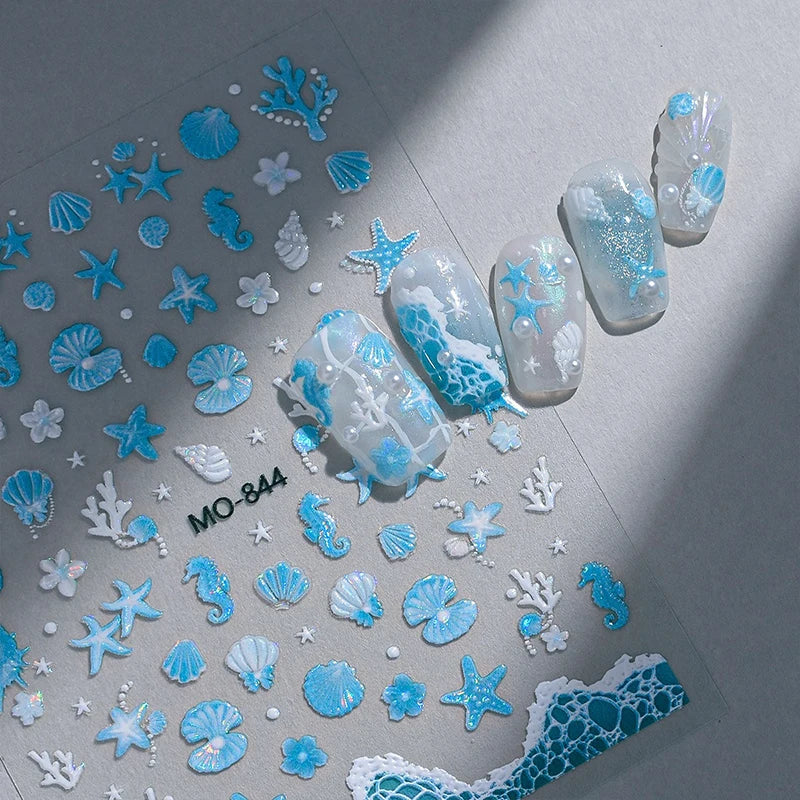 1pc Summer Shell Wave Starfish Nail Stickers Cute Conch Lemon Decorative Stickers DIY Relief Self Adhesive Summer Nail Decals Zpaxo