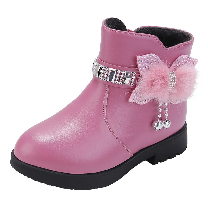 Winter Children's Shoes Girl Mid Length Warm Leather Boots Baby Bow Zpaxo Taro powder 24(Insole15cm) China Mainland