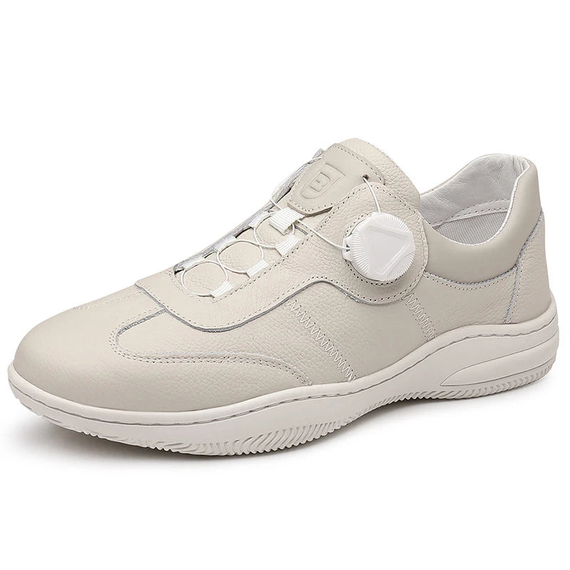 Mens Beige Leather Casual Sneakers Rotary Buckle Lace System Zpaxo
