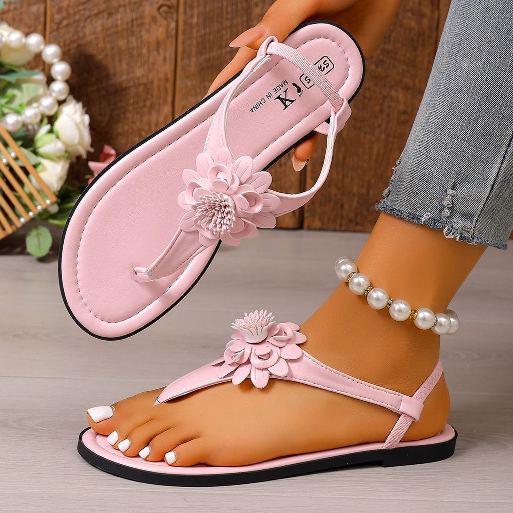 Bohemian Women Sandals 2026 Toe-loop Floral Flat Shoes Korean