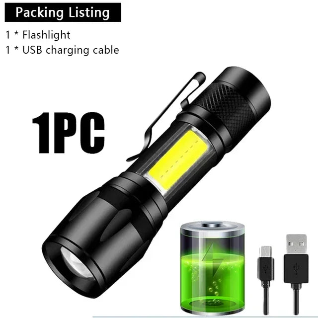Mini COB+XPE LED Flashlight – USB Rechargeable Zoomable Torch