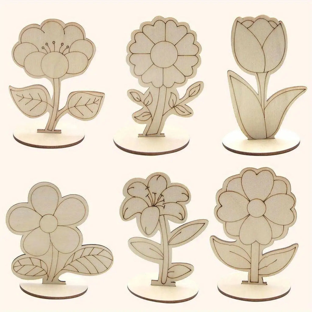 6Pcs/Set Rose/Lily/Sunflower Wooden Ornament Wood DIY Painting Crafts For Spring Happy Easter Party Table Decoration Supply Zpaxo