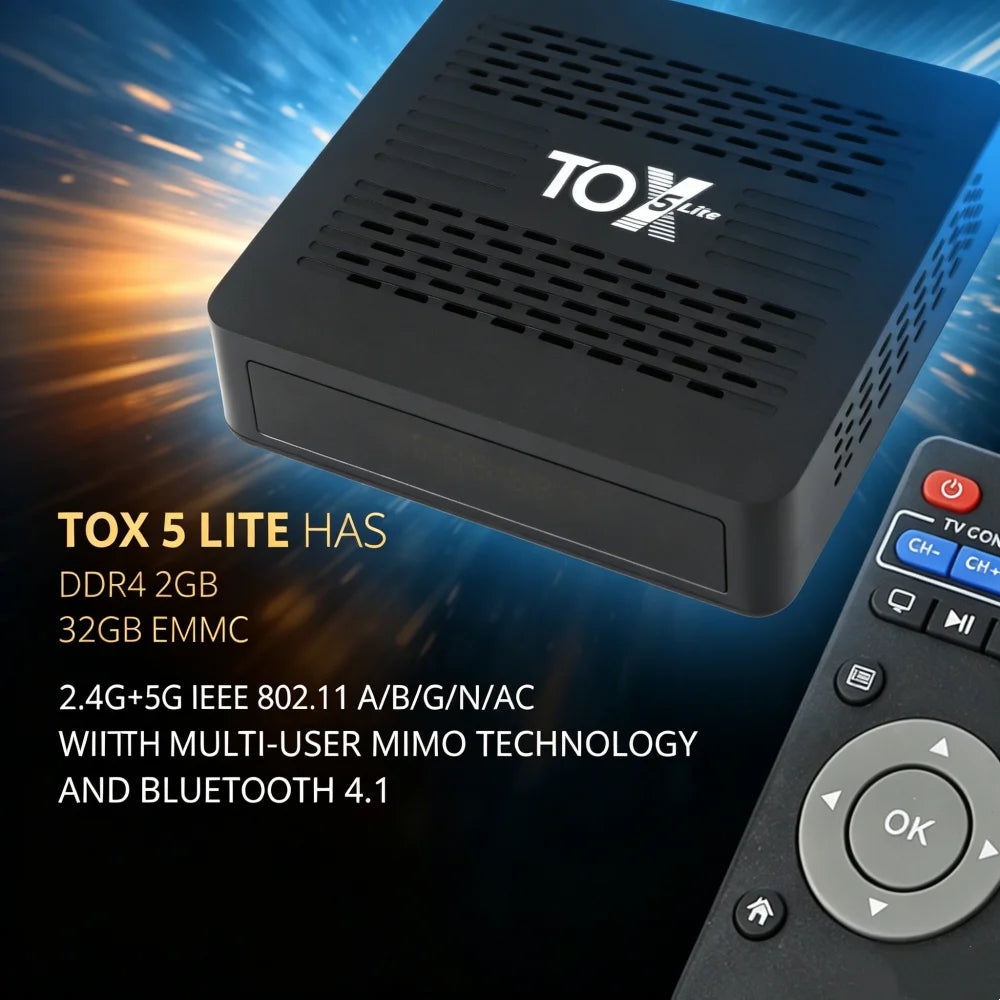 TOX5 Lite Android14 TV Box Amlogic S905X5M 32GB ROM BT AV1 1000M LAN Zpaxo