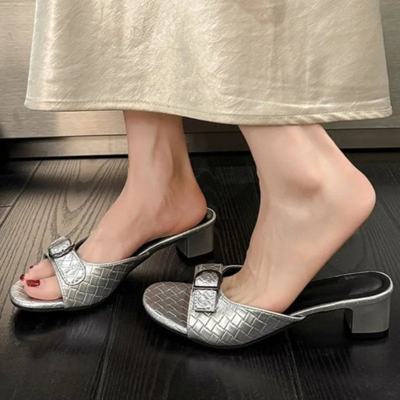 Summer Women's Round Open Toe Comfortable Buckle Heel Slippers Women Zpaxo