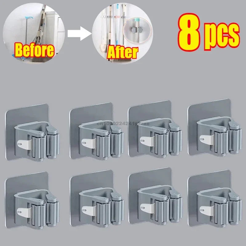 Self-adhesive Mop Holder Broom Stand Wall Mounted Mop Support Sweeping Brush Hook Storage Organizer Bathroom Kitchen Accessories Zpaxo 8pcs-Grey