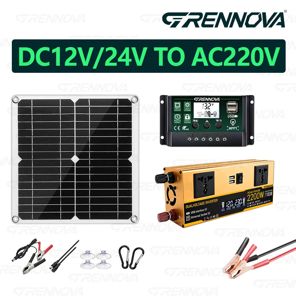 High Quality 2200W Grennova Solar Power Kit W/H Inverter Controller Panel Kit Complete Off-Grid System Real Capacity DIY Setup Zpaxo 220V Kit