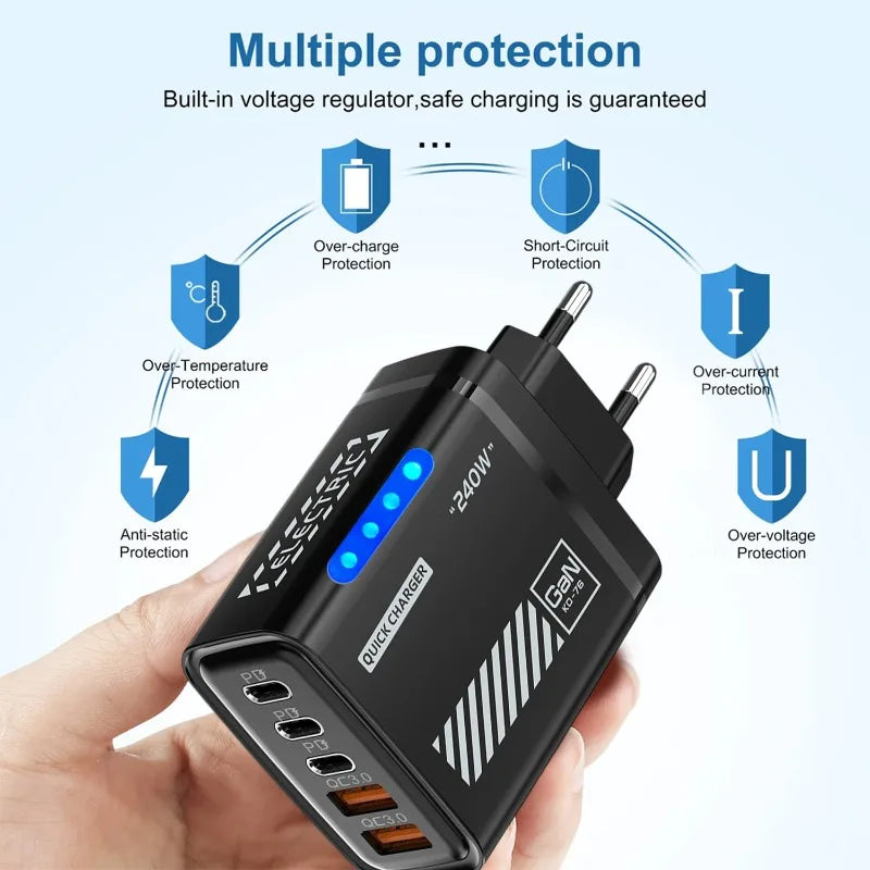 240W 5 Ports Type-c USB Fast Charger EU US Plug QC3 0 Wall LED Light