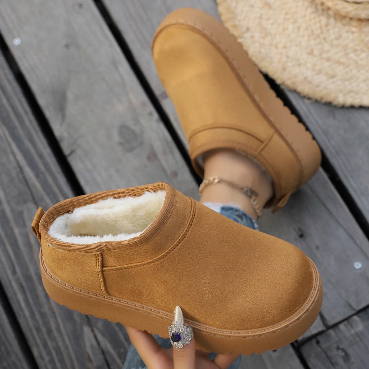 Snow Boots for Women 2026 Winter New Warm Thick Soles Boots Without Heel-covered Hair Half Slippers Cotton Shoes for Women Zpaxo camel 36