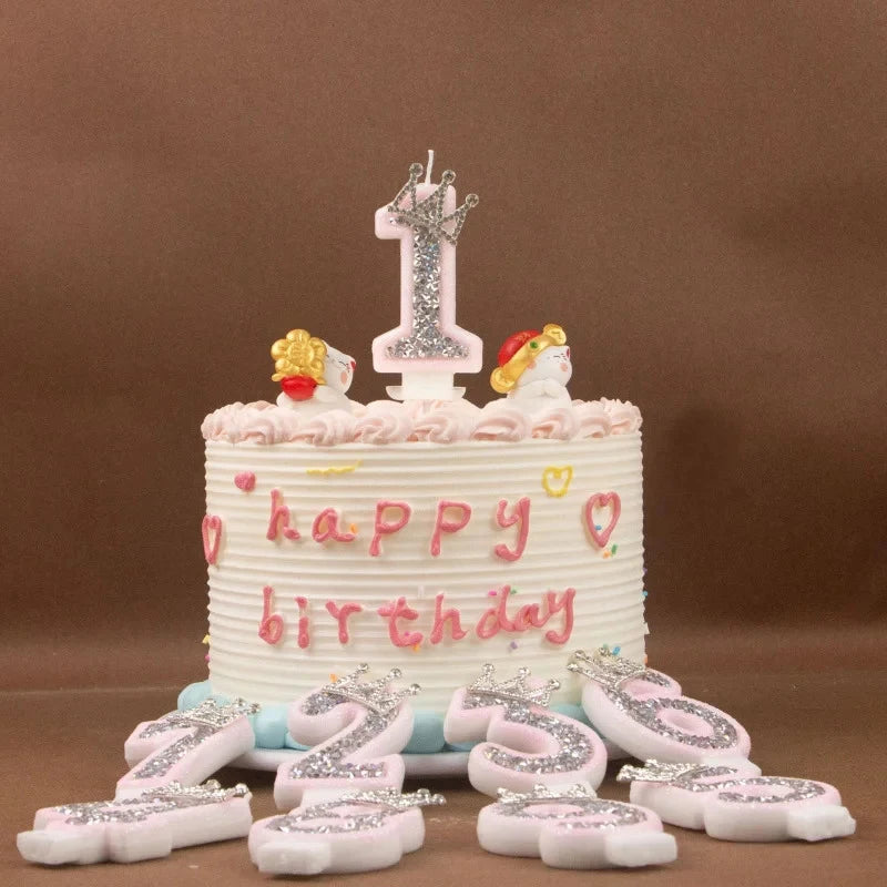 0-9 Pink Glitter Number Candle Silver Rhinestone Crown Kids Birthday