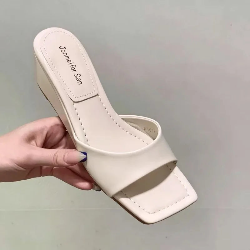 Women's Comfortable Square Open Toe Solid Elegant Wedge Heel Slippers Zpaxo Beige 35