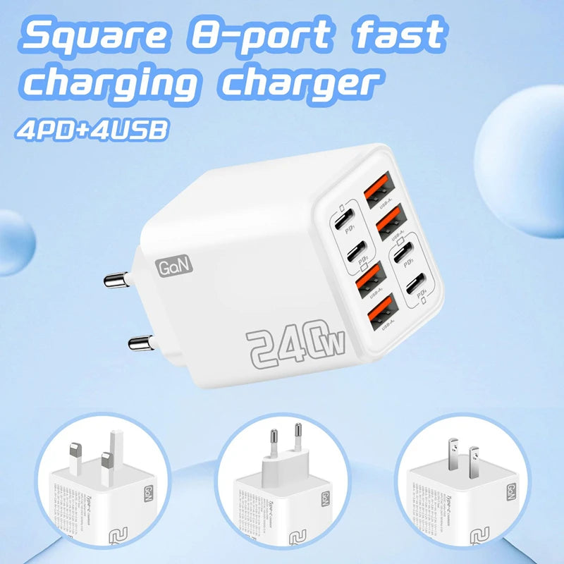 240W GaN USB C Charger 8 in 1 Fast Charging Phone Charger Power Adapter For iPhone Samsung Xiaomi Type C EU/US Plug Wall Charger Zpaxo