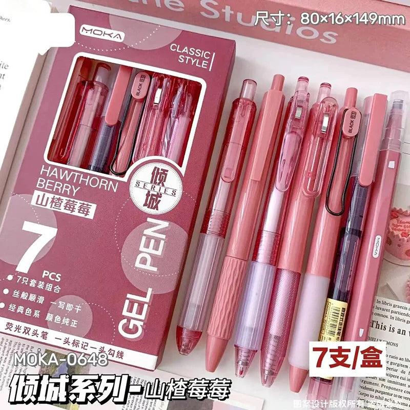 7Pcs High Quality Quick-Drying Ink Gel Pen Student Highlighter Pen Set Ballpoint Pen For School Stationery Office Supplies Tools Zpaxo Red