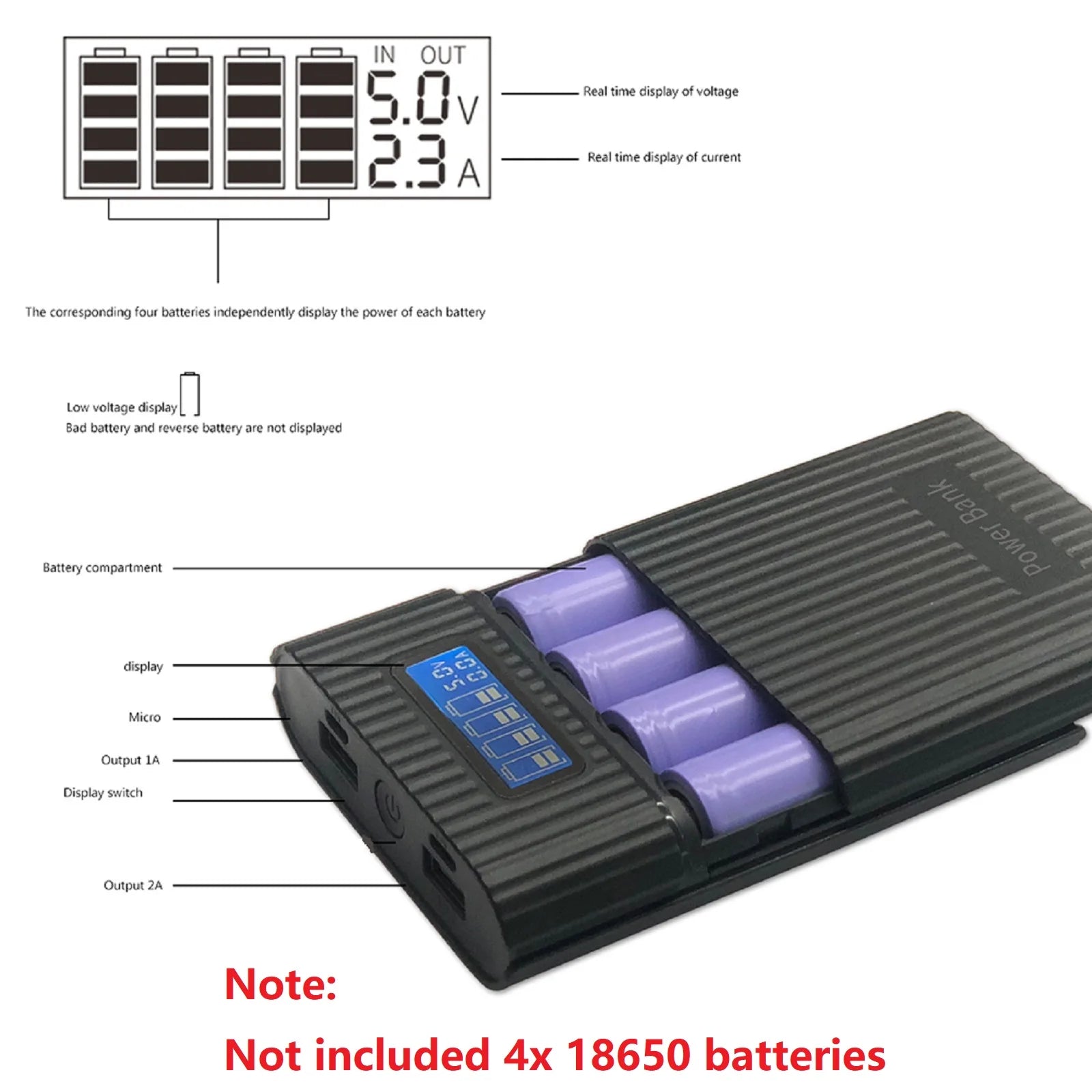 DIY Power Bank Case 4 18650 Battery Charge Storage Box 5V Dual USB