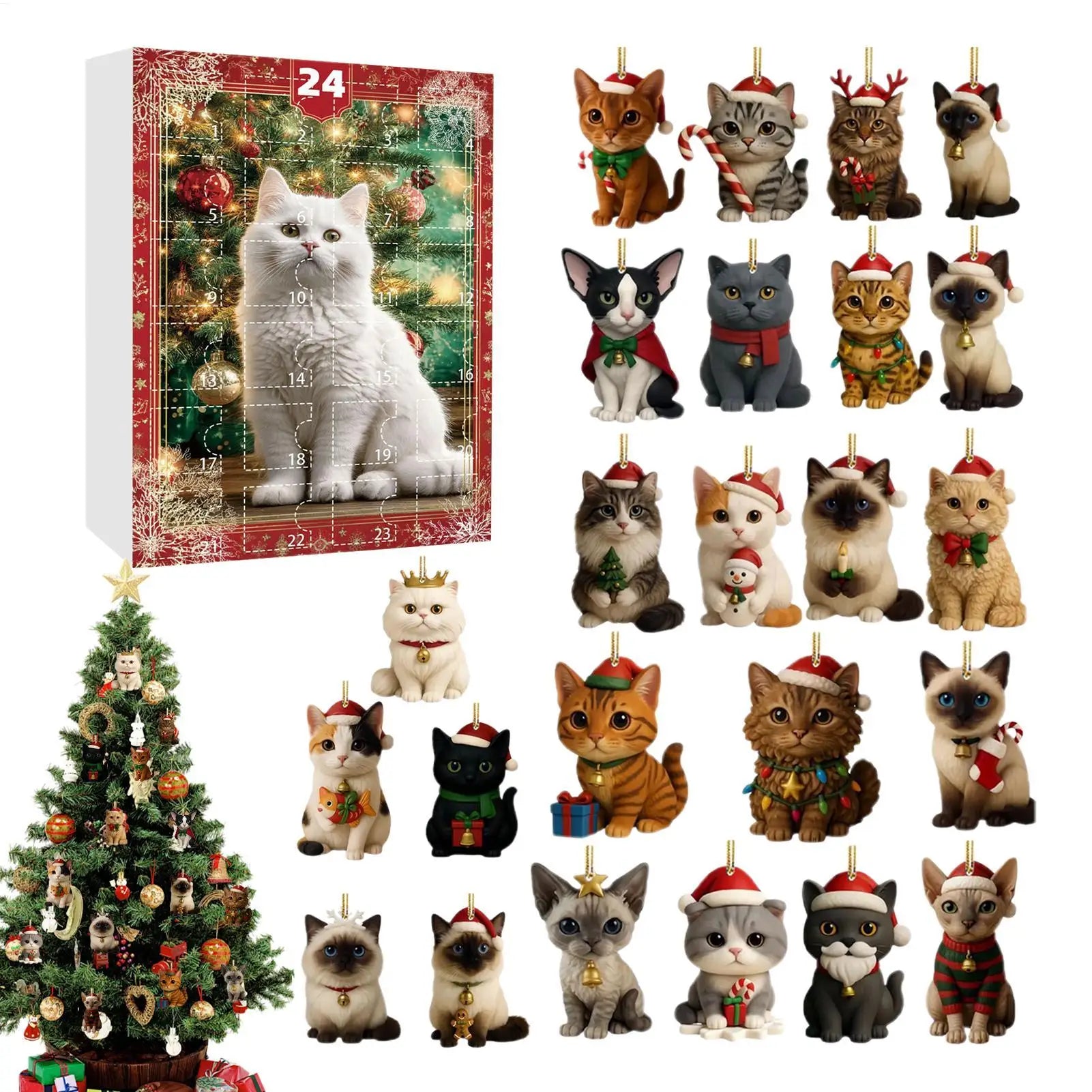 Cat Advent Calendar 24 Days Countdown 2D Acrylic Kitten Ornaments