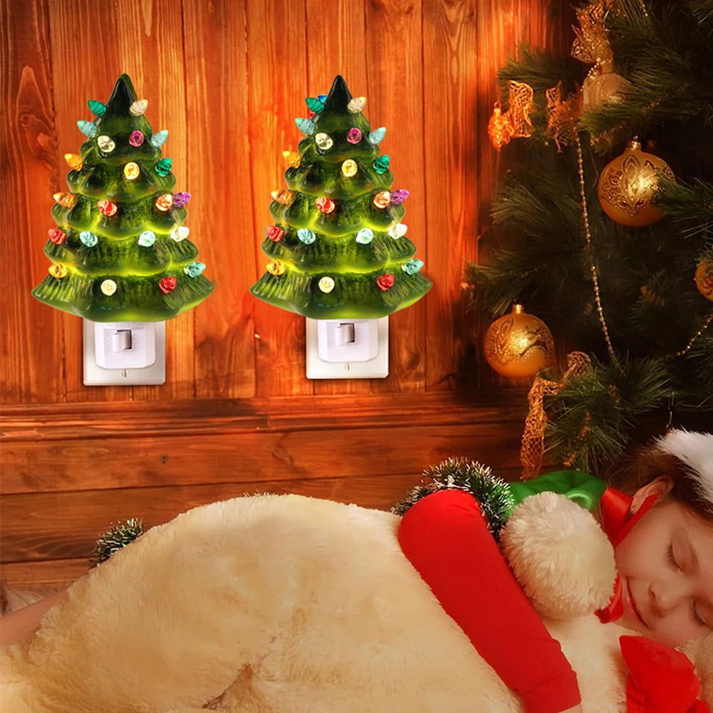 UK-Plug Resin Christmas Tree Night Light Vintage Christmas Tree Wall Plug in Night Light Decorative Tree Nightlight for Room Zpaxo