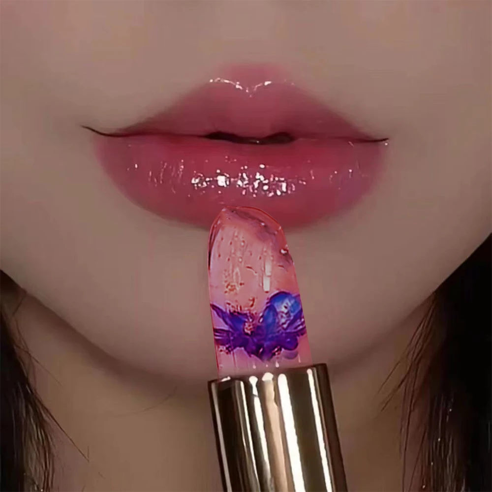 Transparent Flower Infused Lipstick, Gold Foil Jelly Lip Gloss for Long-lasting Hydration & Pink Tint Zpaxo