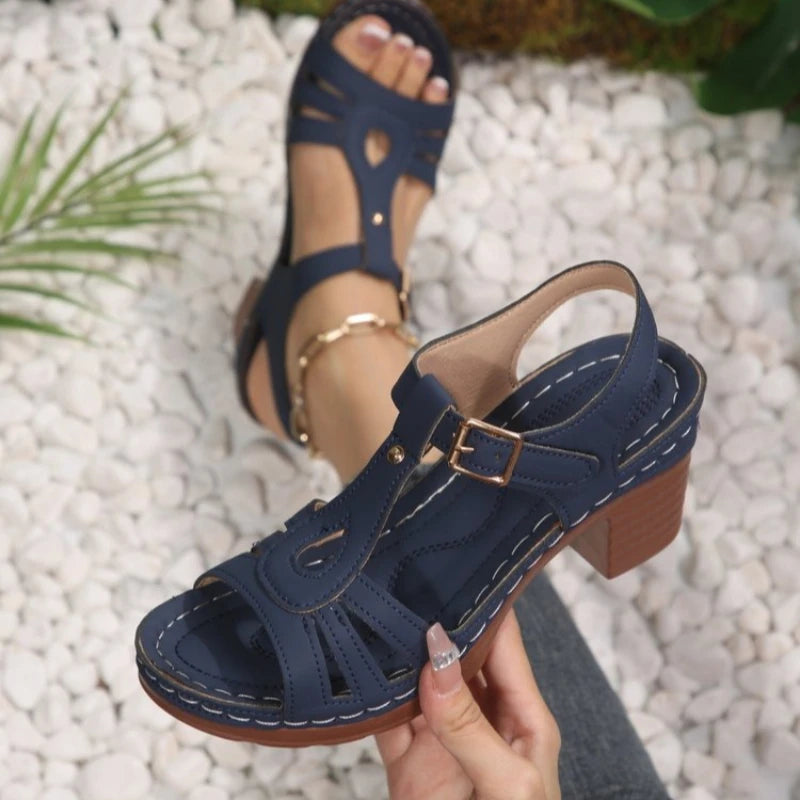 Women's Fish Mouth Open Toe Hollow Out Breathable One-word Buckle Zpaxo Blue 40