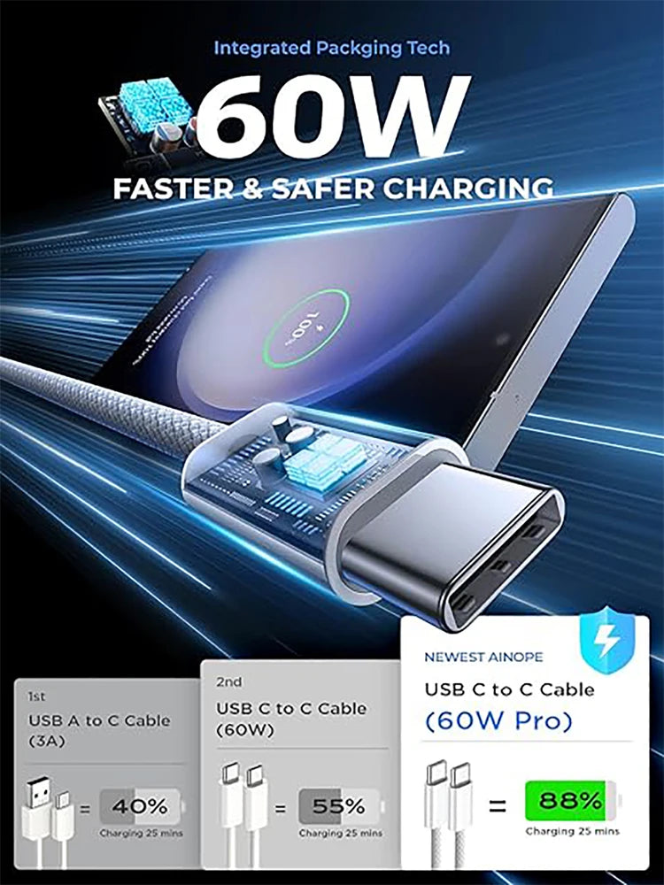 USB C Cable Apple Iphone 17 16 15 Max PD 60W Fast Charging Huawei