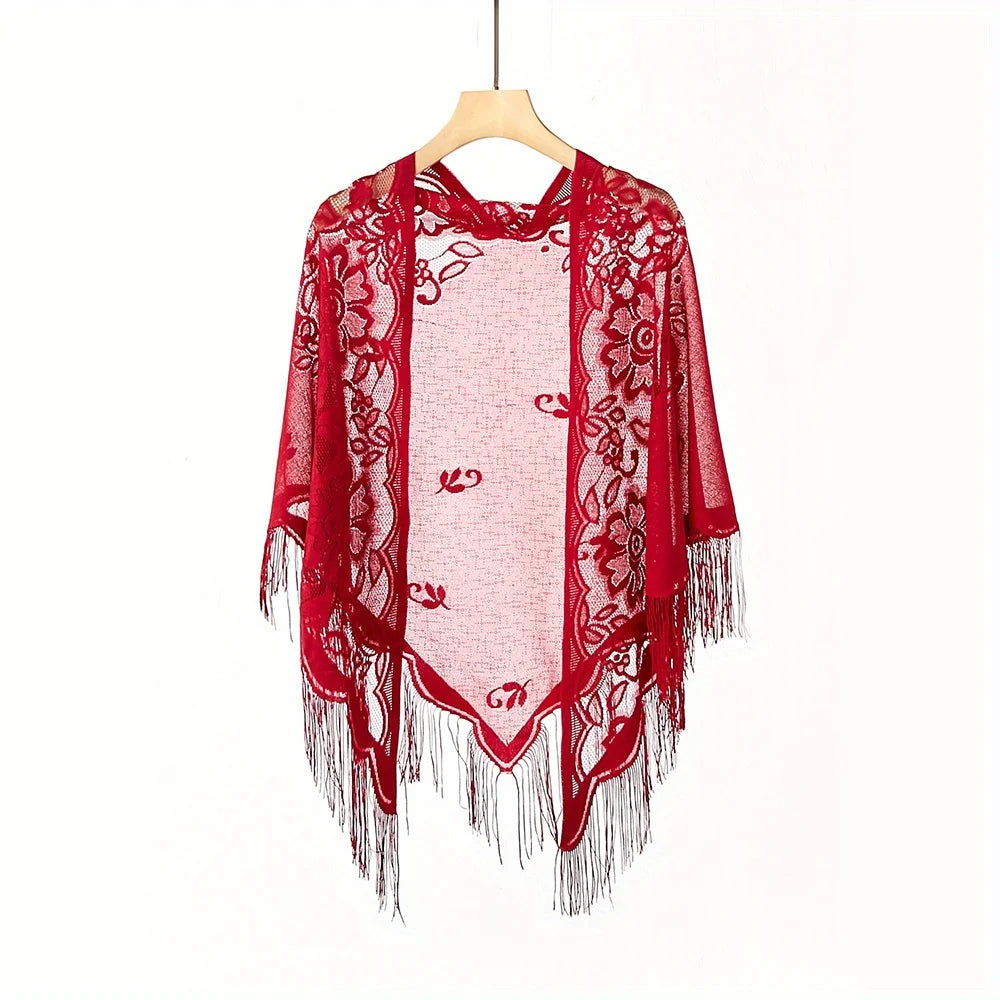 Women's Lace Tassel Triangle Shawl – Wedding & Beach Wrap Lace Shawl Wrap Zpaxo Red