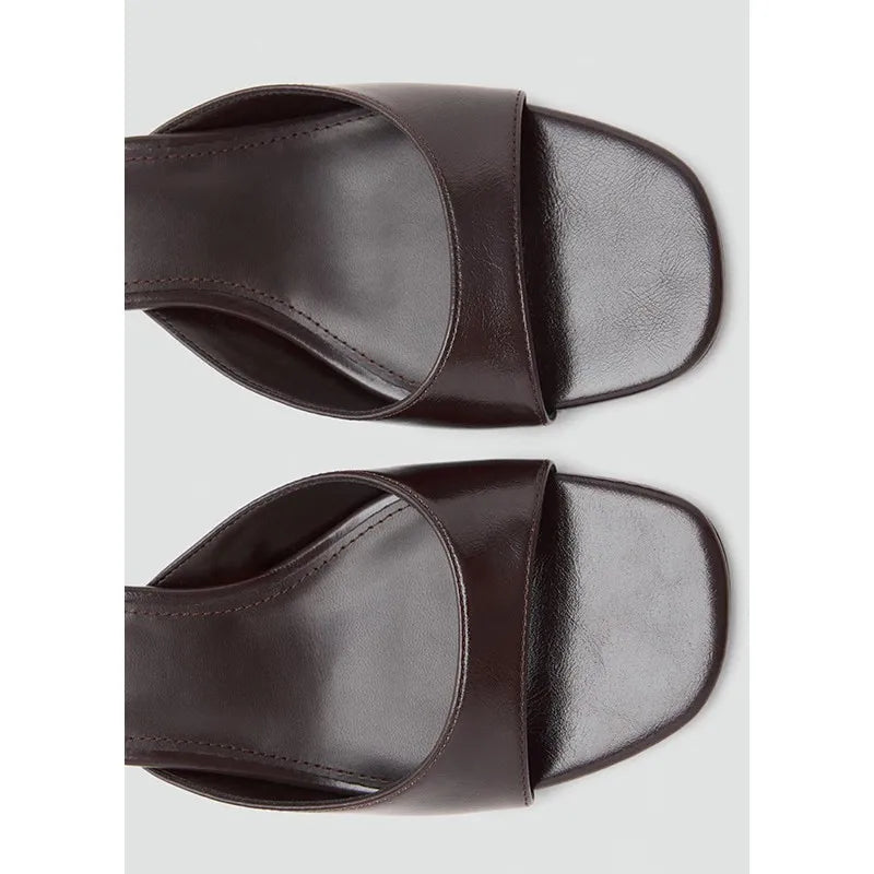 Classic Brown Leather Designer Slides Women Beach Party Slippers Low