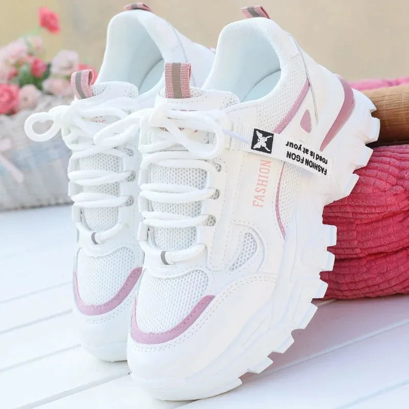 Women Sneakers Breath Thick Bottom Lightweight Sports Shoes 2025 New Lace-up Wedge Sneakers Women Comfortable Leisure Shoes Zpaxo