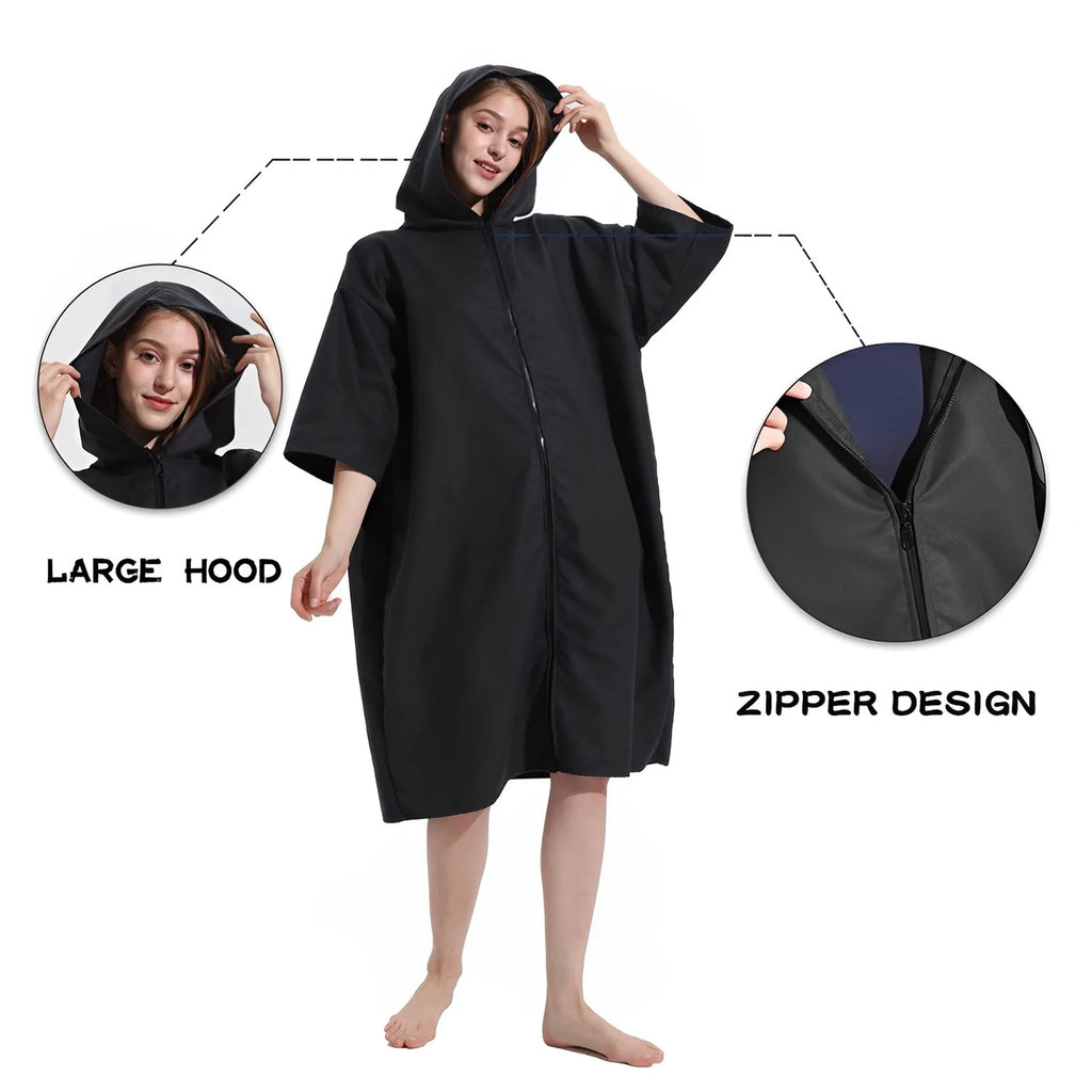 Microfiber Towel Robe Hood Poncho Quick Changing Zipper Short