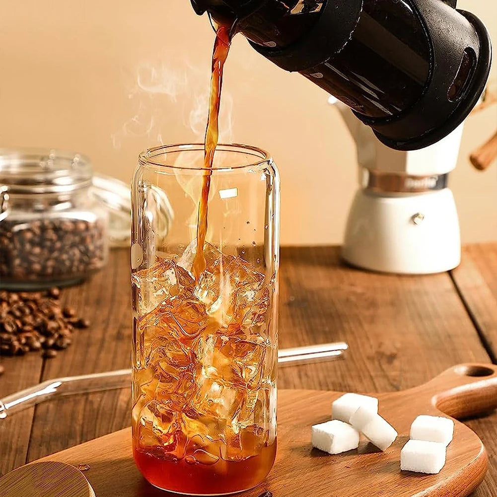 Drinking Glasses with Bamboo Lids and Glass Straw and Cleaning Brush 16oz Can Shaped Beer Coffee Cocktail Whiskey Cups Glasses Zpaxo