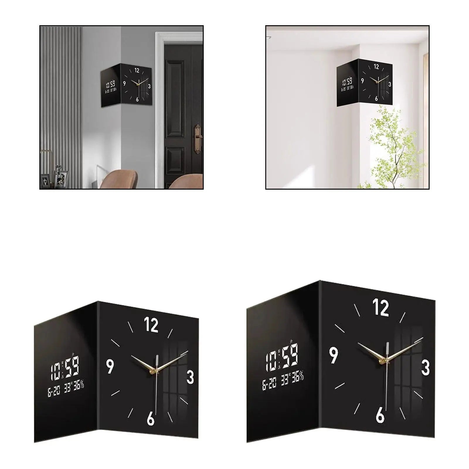 LED Double Sided Corner Wall Clock Wooden Modern Design Backlight Zpaxo