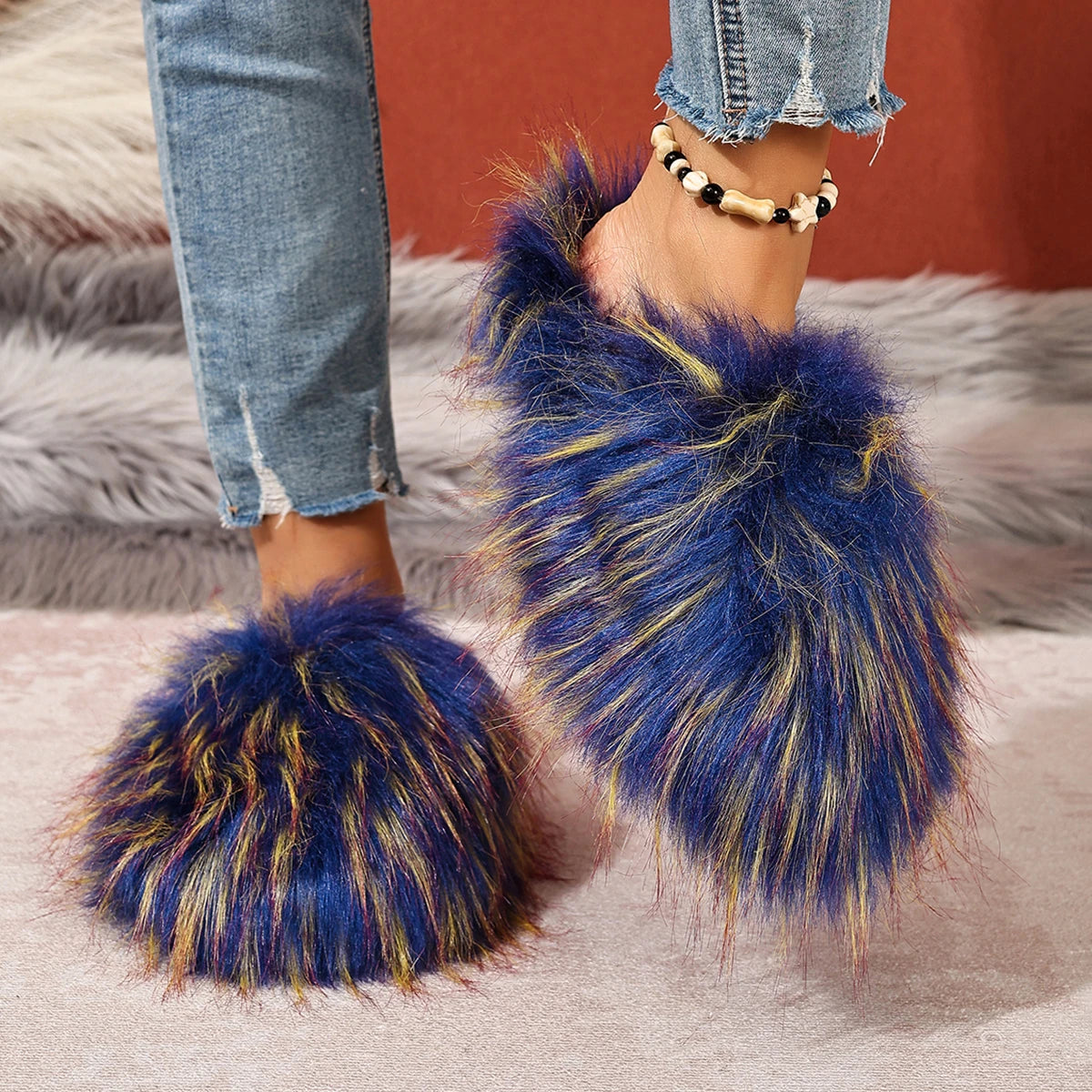 Winter Luxury Outdoor Anti Slip Slippers Women Soft Flat Bottom Slides Women Fashion Fur Slippers Fluffy Cute Plush Women Shoes Zpaxo Blue 40-41