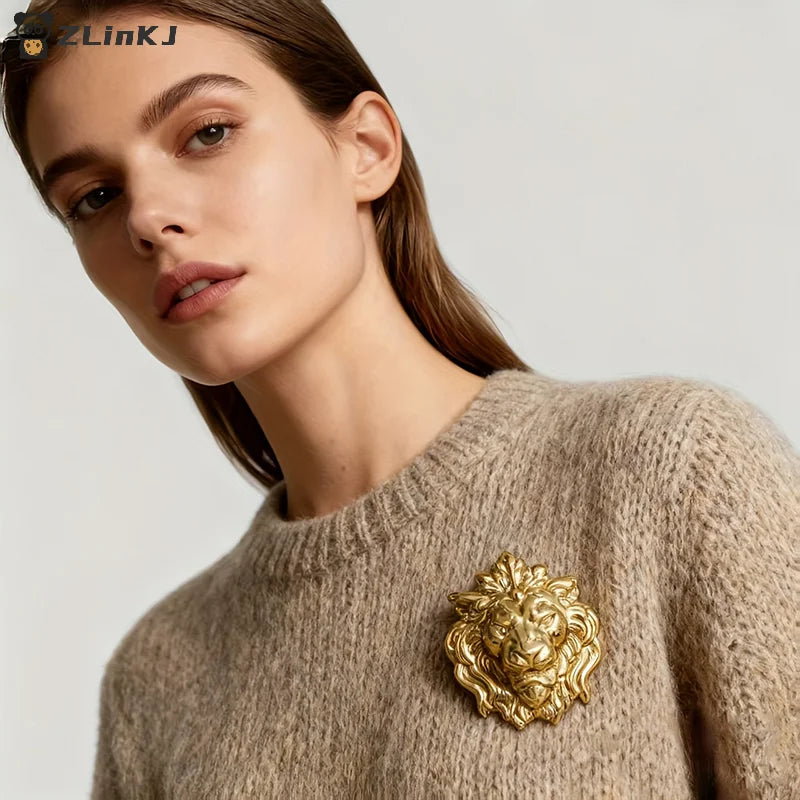 Lion Head Brooch Pin Western Women's Accessory Jackets Dresses Zpaxo