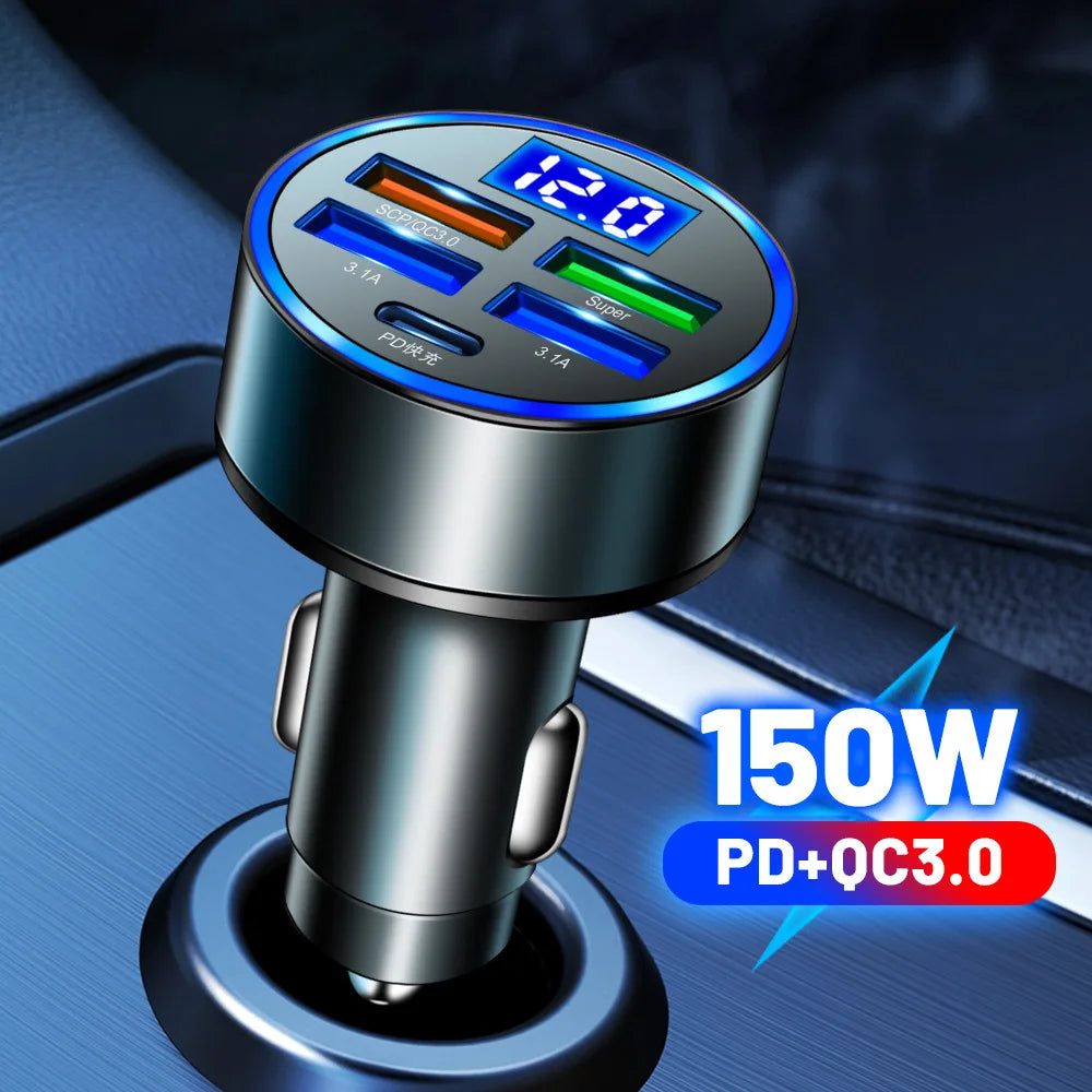 250W 5-Port USB-C Car Charger – PD & QC 3.0 Fast Charge