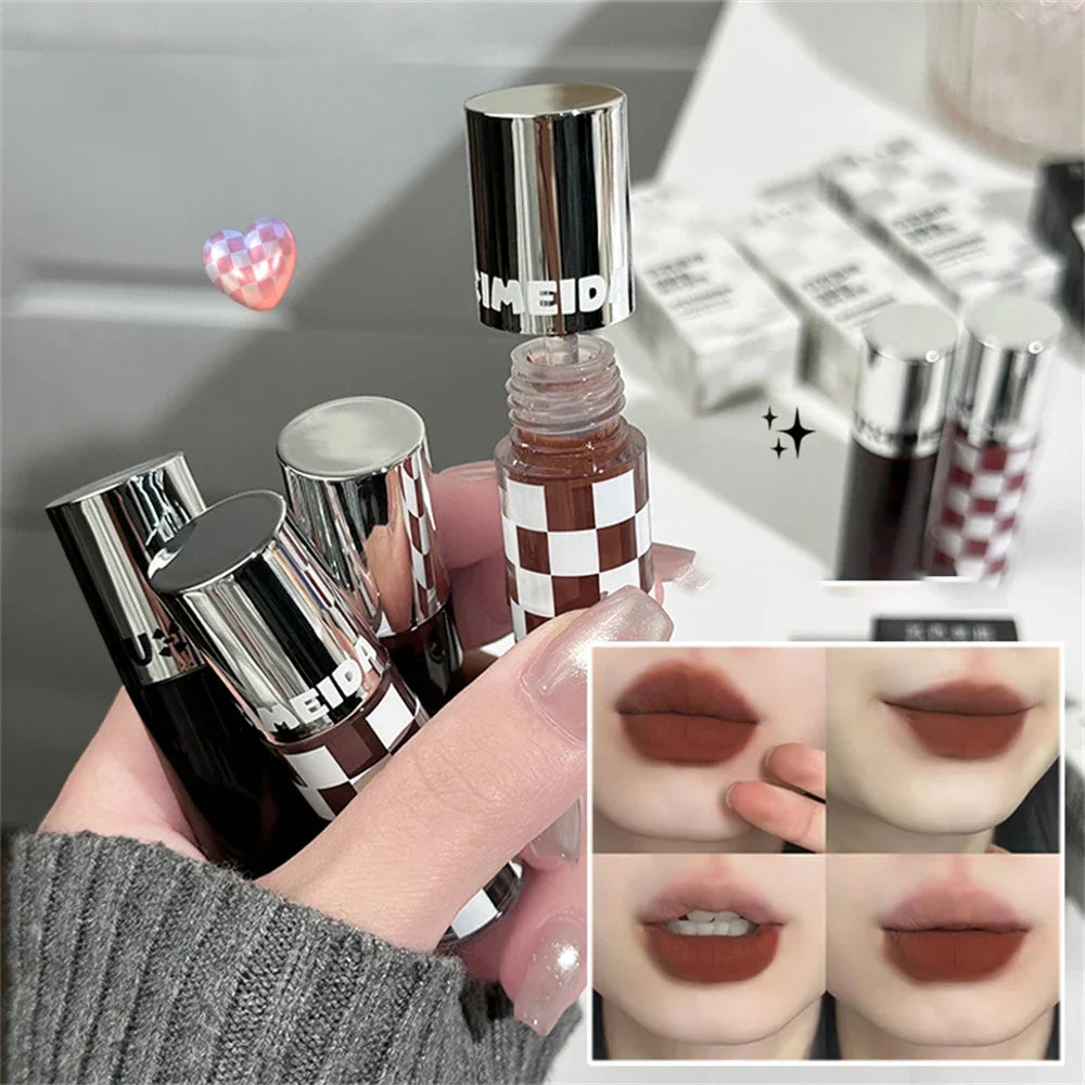 Checkered Nude Purple Matte Lip Mud Mousse Lipstick Waterproof Punk Zpaxo