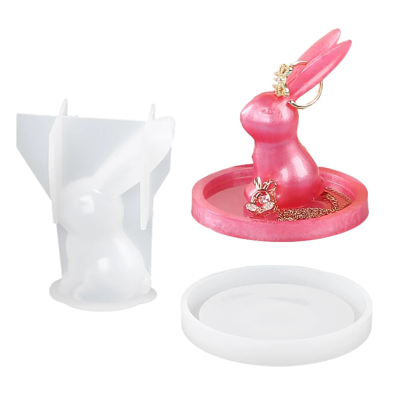 2Pcs 3D Bunny Ring Holder Silicone Epoxy Resin Molds Rabbit Jewelry Storage Display DIY Art Craft Ornament Casting Home Decor Zpaxo