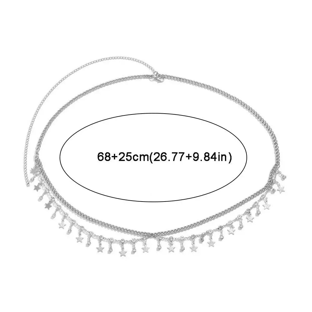 Star Glitter Tassel Boho Waist Chain Shiny Rhinestone Beach Body Jewelry Belly Waist Chain Multi Layer Chain Body Belt Zpaxo