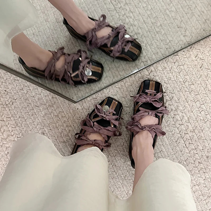 Mary Jane Ballet Flats Round Toe Low Heel Black Purple Lace-up Silver