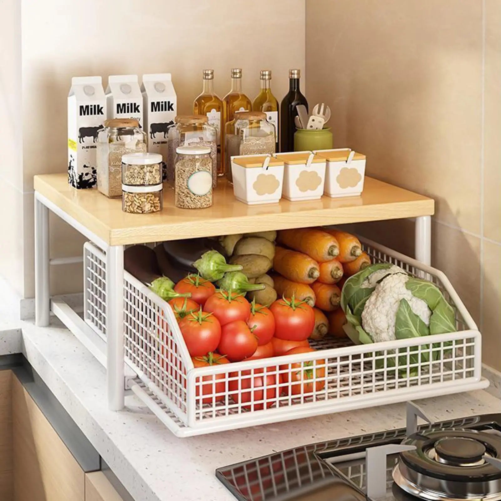 Kitchen Storage Rack Vertical 2-Tier Organizer Standing Shelves