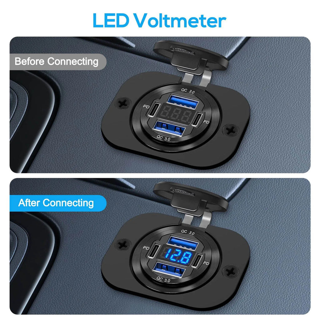4 Ports Dual PD Port QC 3 0 USB Car Charger Voltmeter Socket Power